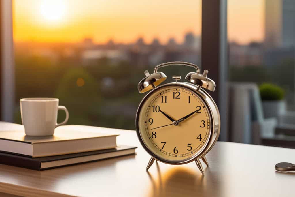 Masking decline with Alarm clock and coffee cup on table in the morning at home